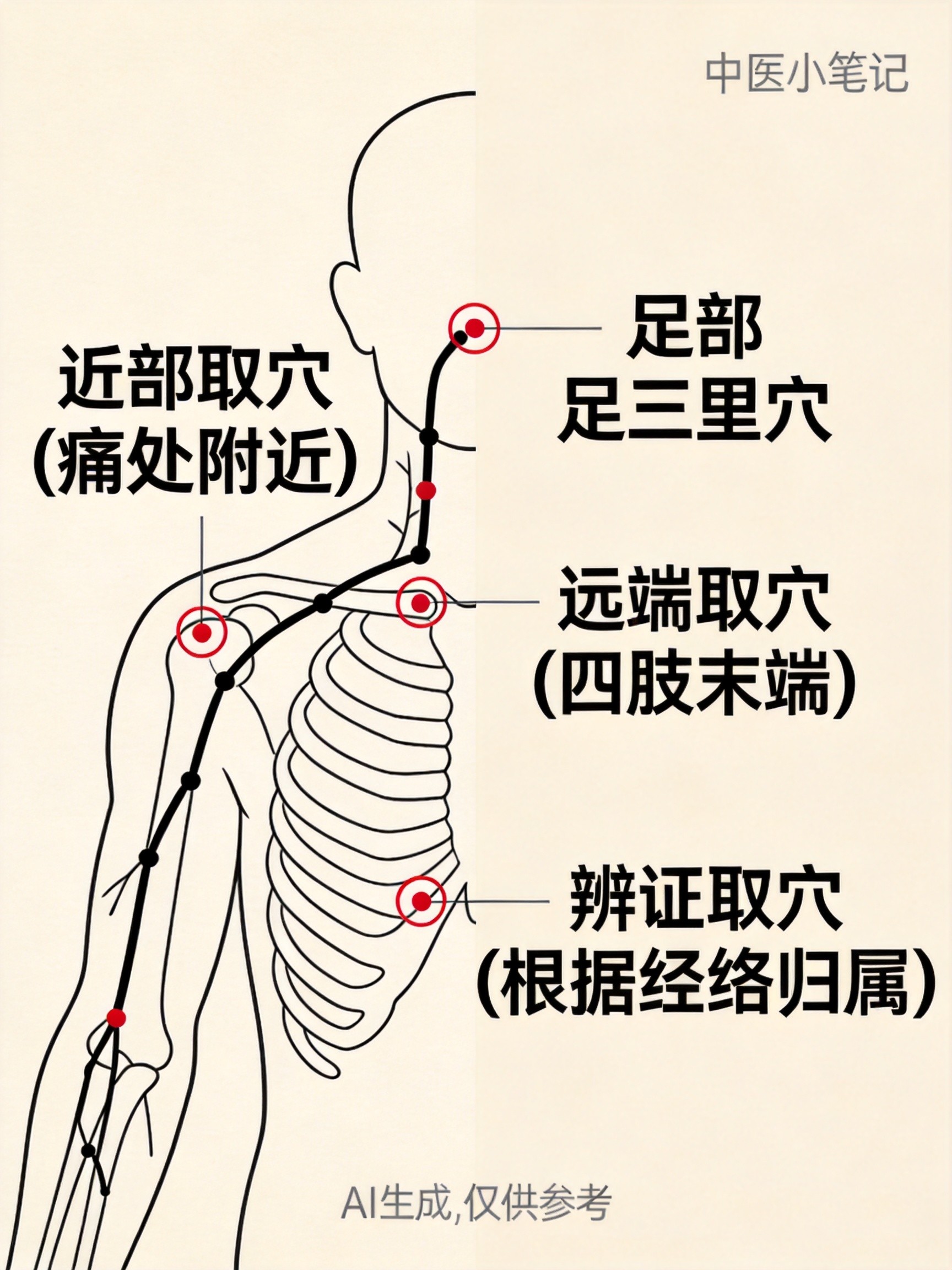 针灸取穴原则示意图（AI生成，仅供参考）