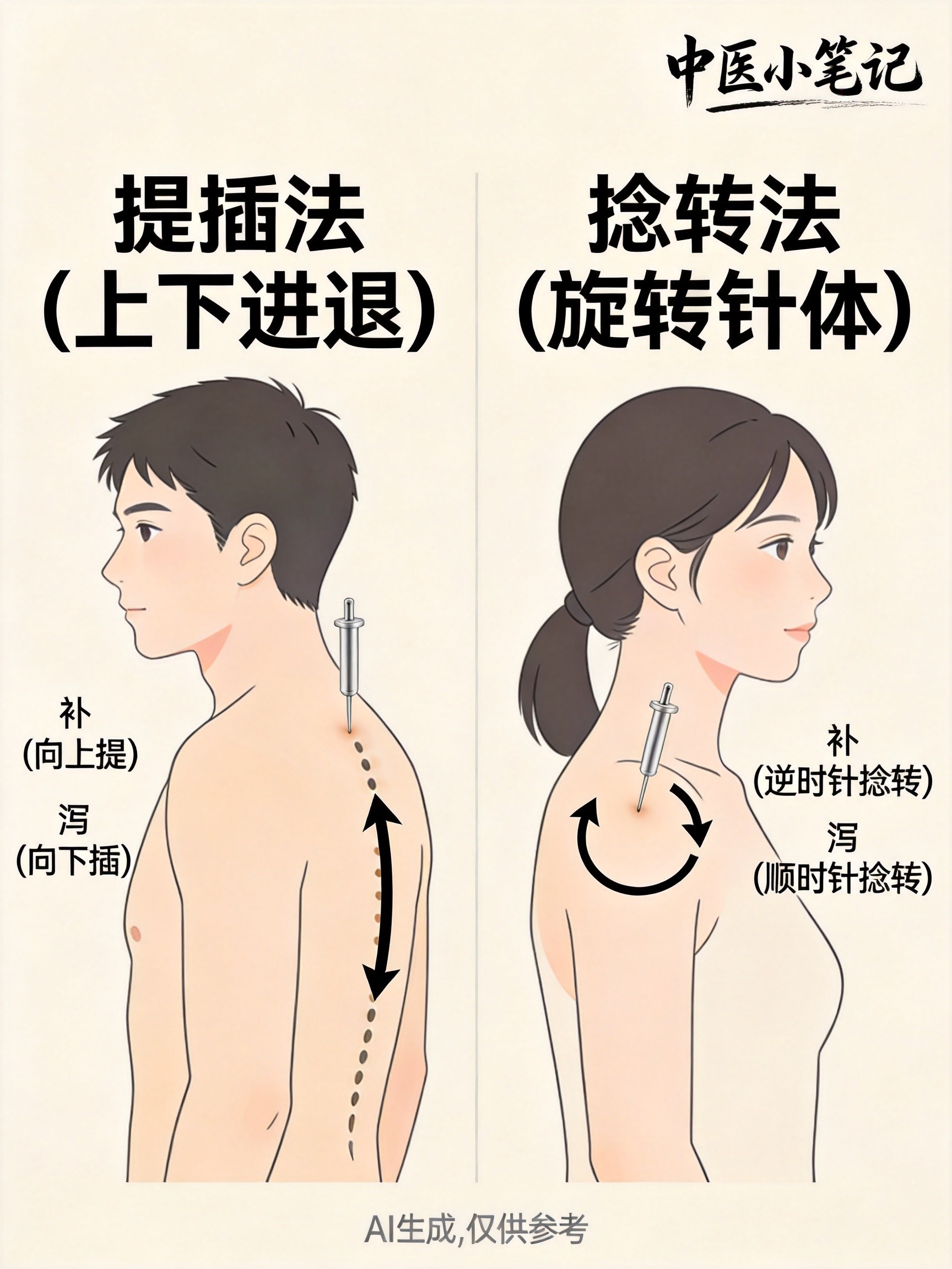 针刺基本手法示意图(AI生成,仅供参考)